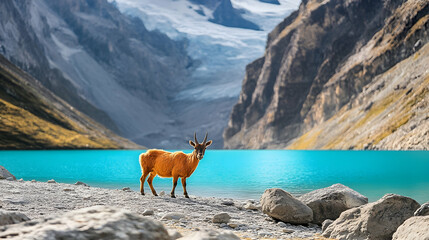 Andean deer by turquoise lake, majestic mountains background; nature travel photography