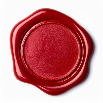 Close-up of a classic red wax seal isolated on a white background, symbolizing authenticity, certification, luxury branding and official correspondence.