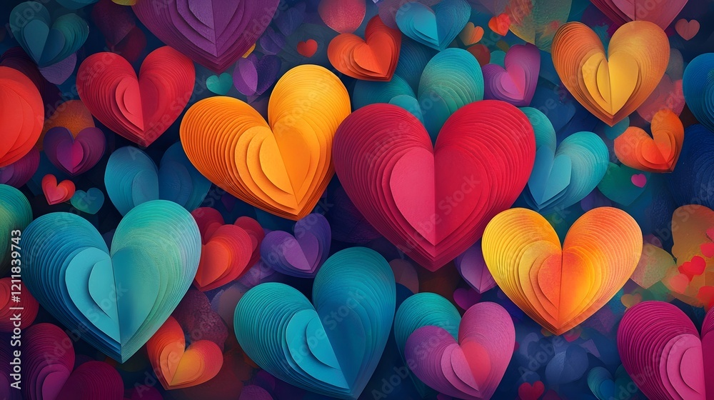 Poster vibrant and colorful paper heart crafts with intricate floral patterns and delicate textures perfect