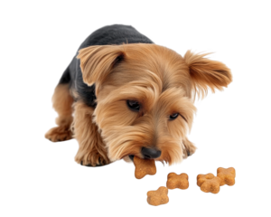 small dog is happily eating treat on transparency background, showcasing its playful nature and love for snacks