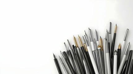 Fototapeta premium Assorted pens and pencils on white background, copy space, stationery supplies, office tools