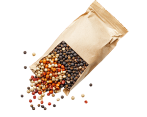 seed packet with various colorful seeds spilling out on transparency background, showcasing vibrant mix of colors and textures. Perfect for gardening enthusiasts