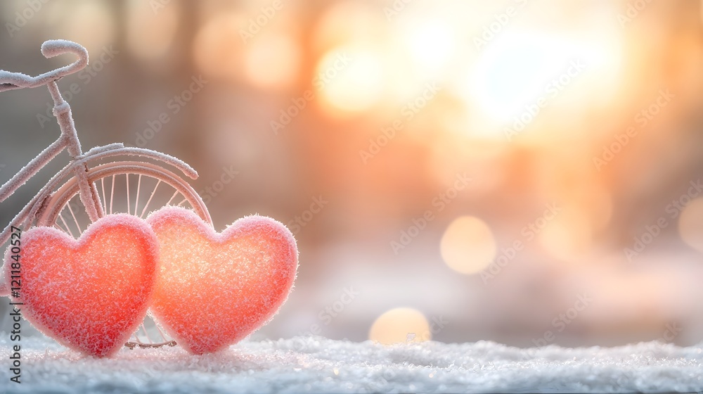 Poster charming winter scene featuring a bicycle with heart shaped on a snowy background creating a romanti