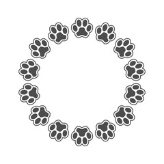 Framing from animal paws prints with blank space. Circle frame graphic design template. Symbol isolated on white background. Vector illustration