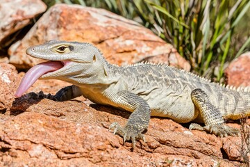 Obraz premium A goanna basking on sun-warmed rocks in the Australian bush, its tongue flicking out in search of scents