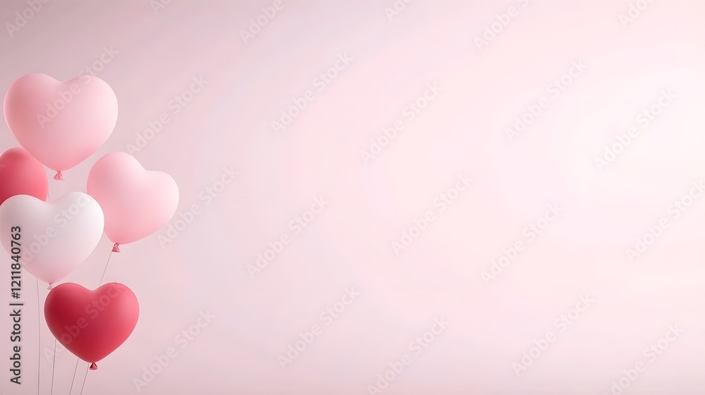 Poster stunning 3d rendering of pink and white heart shaped balloons gracefully floating against a soft pas