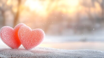 Fototapeta premium Unique Valentine s Day banner featuring stylized hearts on a snow covered winter landscape with a bike set against a serene frozen backdrop perfect for holiday marketing and festive designs