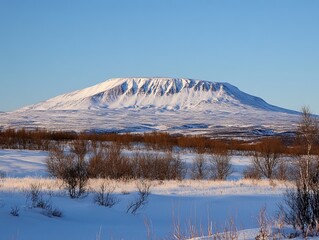Fototapeta premium Snowy mountain landscape at sunrise, winter tundra