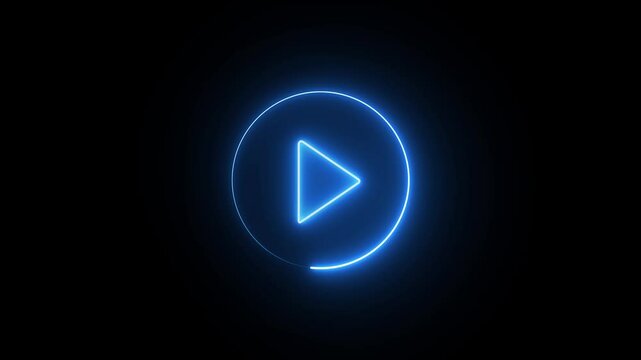 Glowing neon shine play button sign with neon circle animation. Neon glowing play button icon on the black background.