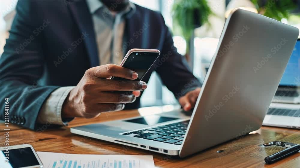Leinwandbilder modern businessman at desk enhancing productivity with smartphone and laptop in professional office 