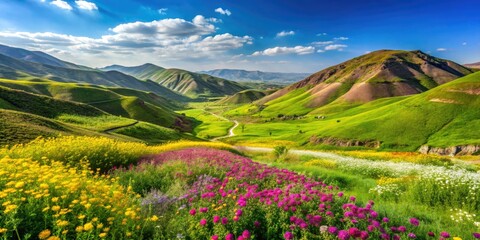 Erbil to Duhok: Iraqi Kurdistan's breathtaking spring landscape unfolds, vibrant green hills blooming with flowers.