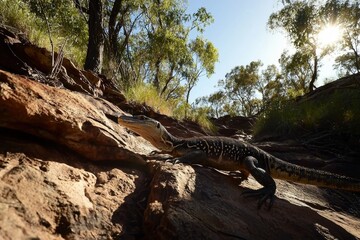 A goanna basking on sun-warmed rocks in the Australian bush, its tongue flicking out in search of scents