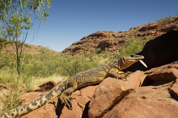 A goanna basking on sun-warmed rocks in the Australian bush, its tongue flicking out in search of scents