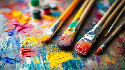 Fototapeta premium Various paintbrushes lay on a wooden table covered in vibrant colors. The artist's workspace is filled with splattered paint and tools, creating an inspiring atmosphere for creativity.