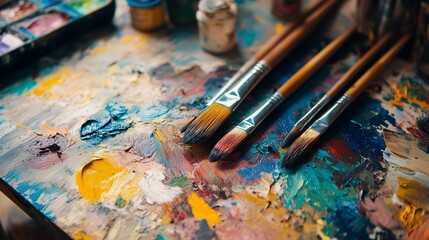 Various paintbrushes are arranged on a colorful palette, showcasing a mix of vibrant hues. The workspace appears lively and creative, reflecting an artist's passion for painting.
