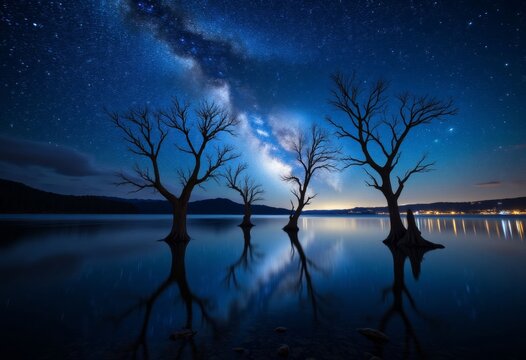 Bare trees in water under a starry night sky with Milky Way