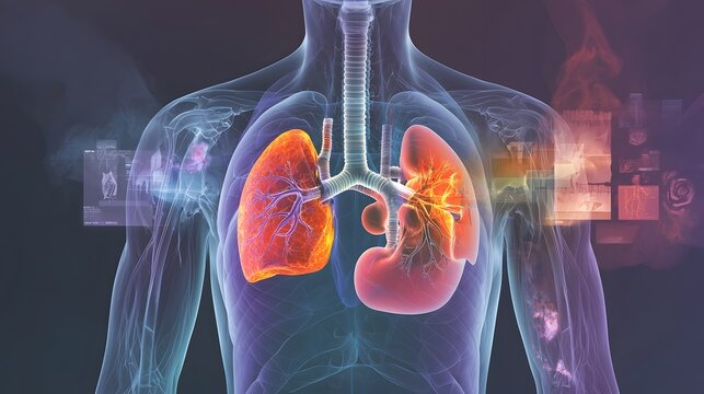 Highly detailed and anatomically accurate 3D rendering of the human heart and lungs showcasing the internal organs in vibrant colors for educational scientific and medical applications