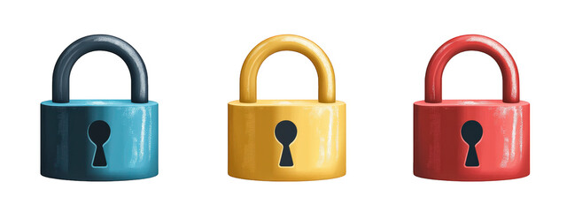 Colorful padlocks in blue, yellow, and red, symbolizing security and protection. These icons can be used in various designs to represent safety and privacy