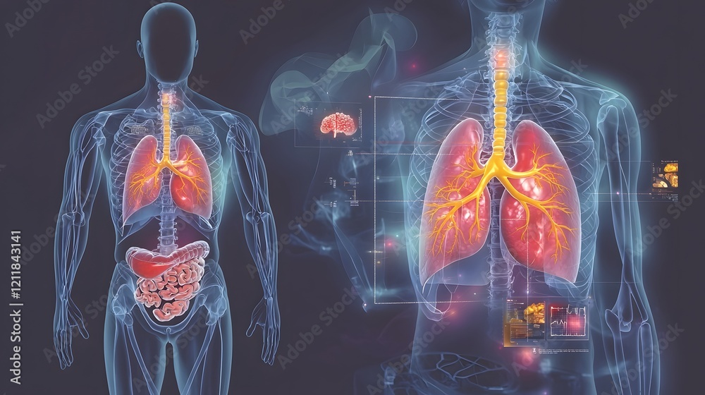 Poster highly detailed and anatomically accurate 3d of the human heart and lungs structure highlighted in a