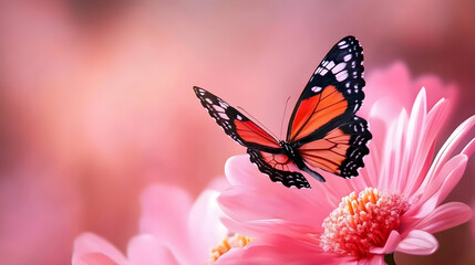 Obraz premium Butterfly landing on pink flower, soft-focus background, nature scene, spring