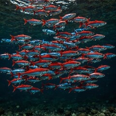 A mesmerizing underwater scene featuring a large school of fish swimming in a synchronized pattern.