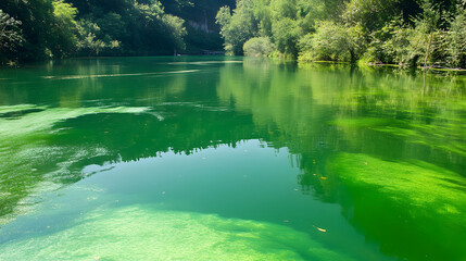 Calm green lake surrounded by lush trees, reflecting sunlight. Perfect for travel brochures