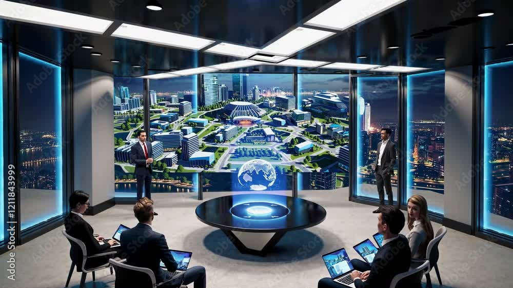 Poster modern conference room showcases advanced technology with cityscape display in urban setting