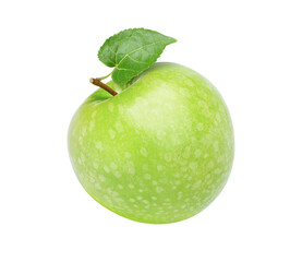 Green apple with leaf isolated on transparent background.