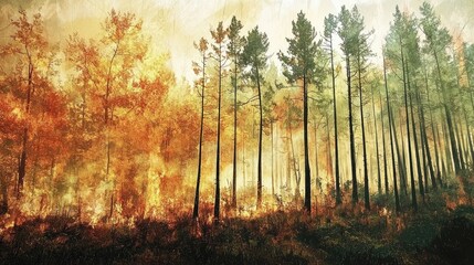 An artistic representation of a forest recovering from a fire, highlighting the resilience of nature