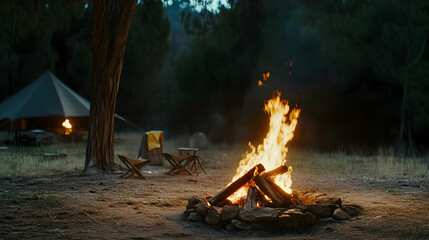 Campfire in forest at night near tent, relaxing evening scene