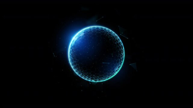 Abstract looped animation of low poly protection sphere shield barrier. Security; privacy; safety technology futuristic animated motion graphics asset by hexagonal wireframe mesh on black background