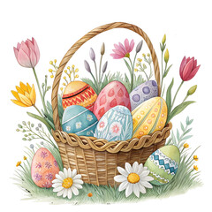 Easter Basket of Delights: A whimsical illustration of a wicker basket overflowing with vibrantly painted Easter eggs, surrounded by blooming tulips and daisies.