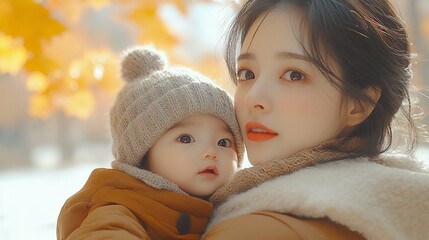 Obraz premium Young mother tenderly holding her baby in autumn.