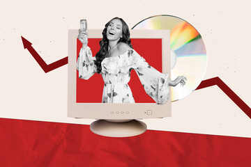 Composite art 3d image collage of happy girl dance inside pc monitor screen hold champagne glass arrow development aim achievement