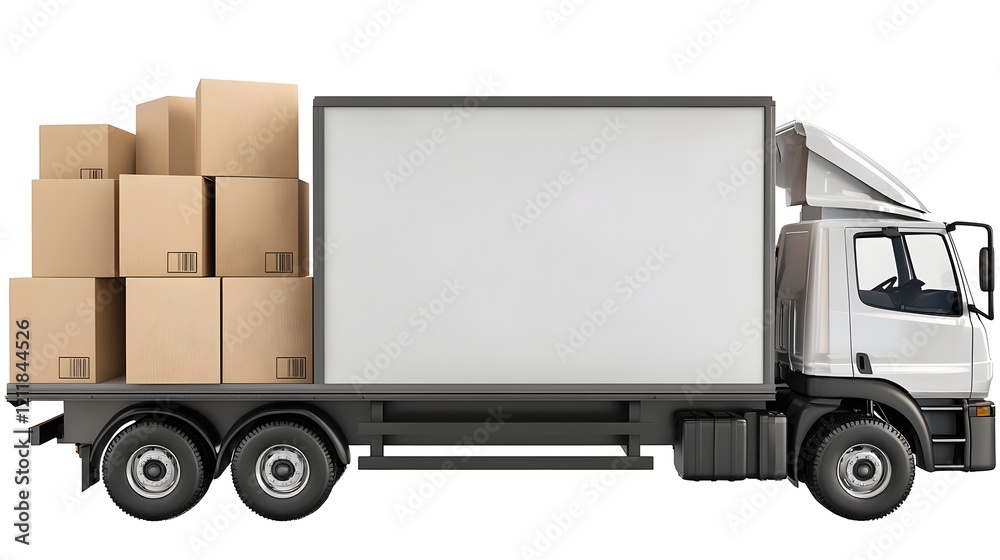 Poster 3d image of a delivery truck carrying multiple cardboard boxes against a clean white background idea