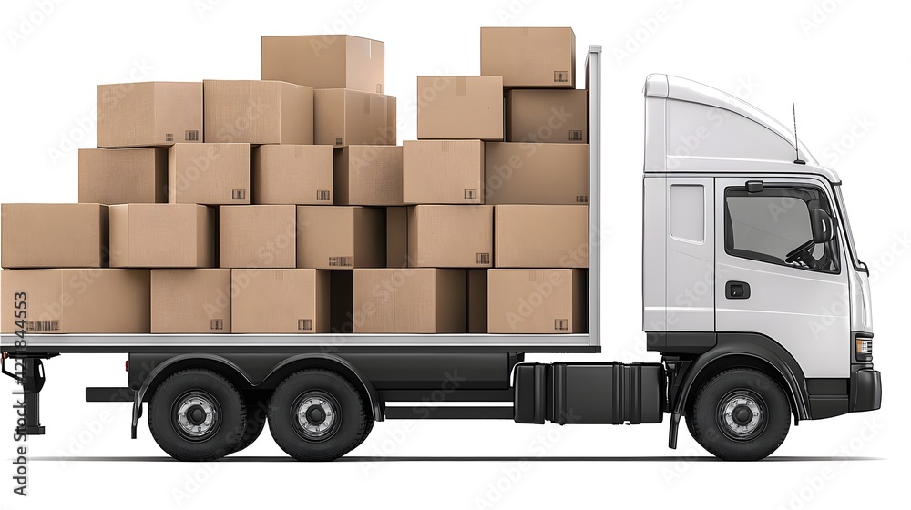 Poster 3D rendering of a delivery truck carrying a load of stacked cardboard boxes set against a clean white background  This image is ideal for presentations websites