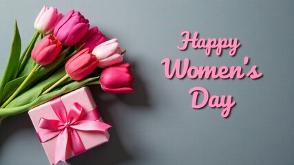 Women's day celebration background with tulip flowers and gift box. Top view