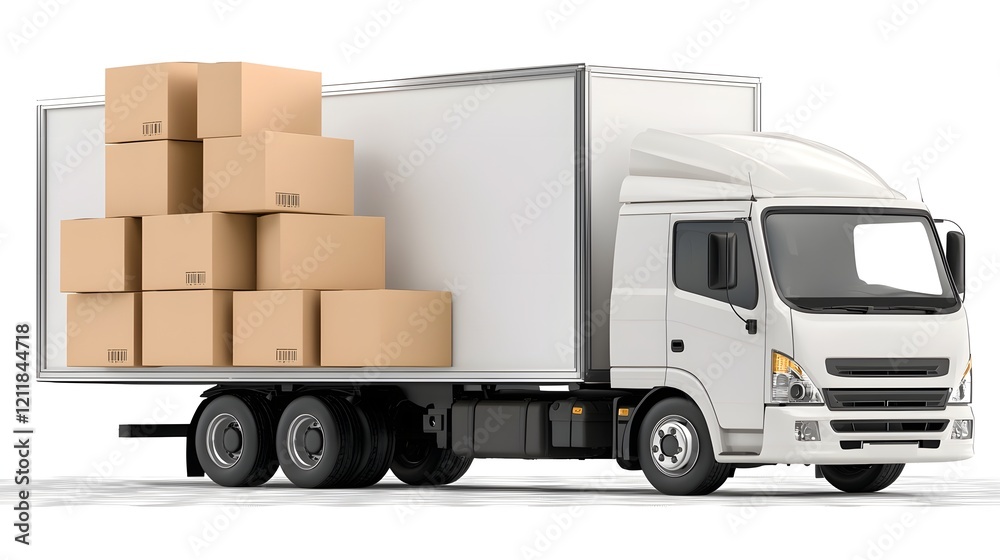 Poster detailed visual of a delivery truck loaded with stacked cardboard boxes on a plain white background 