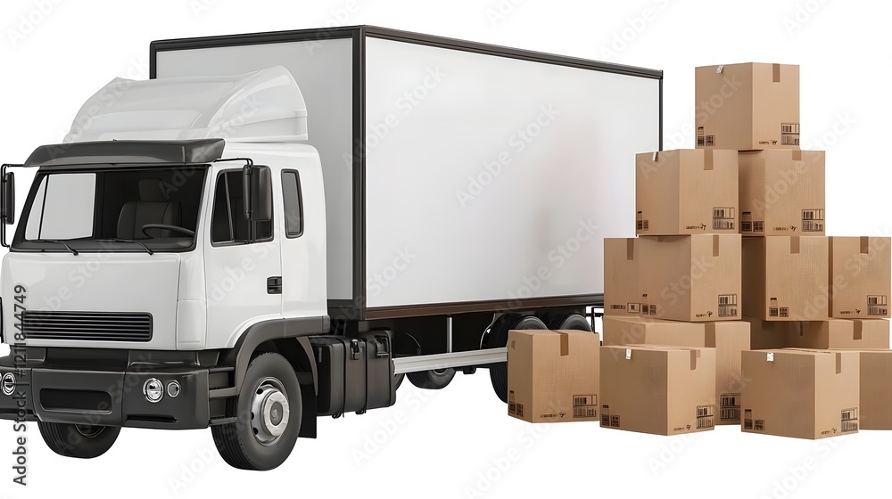 Poster high definition 3d representation of a delivery truck loaded with stacked cardboard boxes set agains