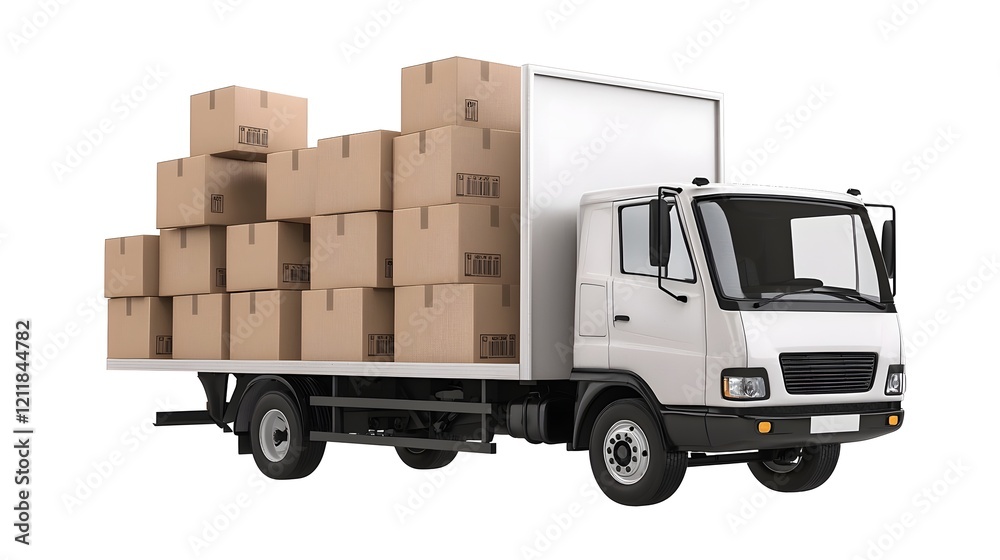 Poster High definition 3D representation of a delivery truck loaded with cardboard boxes set against a simple white background suitable for business or shipping industry content