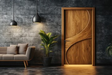 Modern living room interior with stylish wooden door, sofa, and plants.