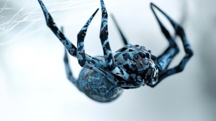 Blue spider on web, close-up, blurry background, nature photography, website banner