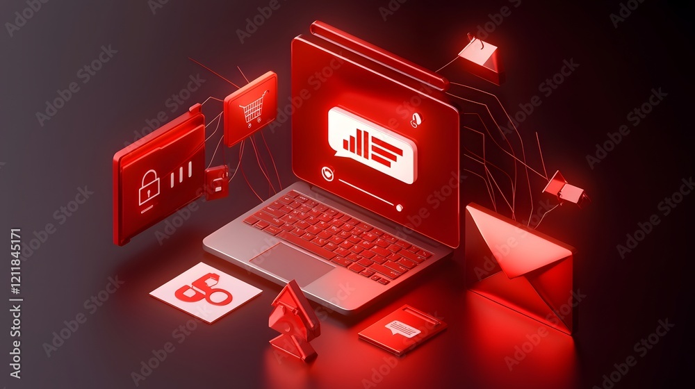 Poster futuristic 3d digital security concept emphasizing the risks and protection against online scams phi