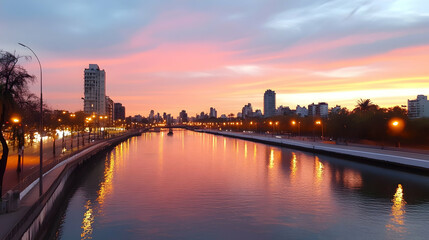 Naklejka premium City river sunset, vibrant sky, cityscape reflection, evening tranquility, travel photography