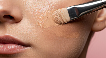woman front shot facial skin texture close up detail with make-up brush on skin against pink background medium closeup shot, applying base