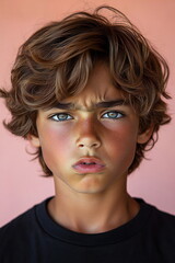 Young boy with striking blue eyes and tousled hair gazes intensely at the camera against a soft pink background