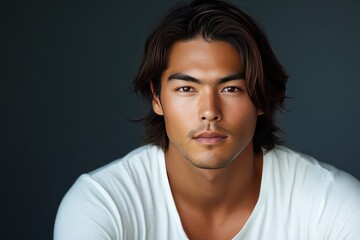 Fototapeta premium Handsome Japanese male model, with medium-length hair, posing for magazine photos in a white t-shirt, an upper body portrait against a simple background.
