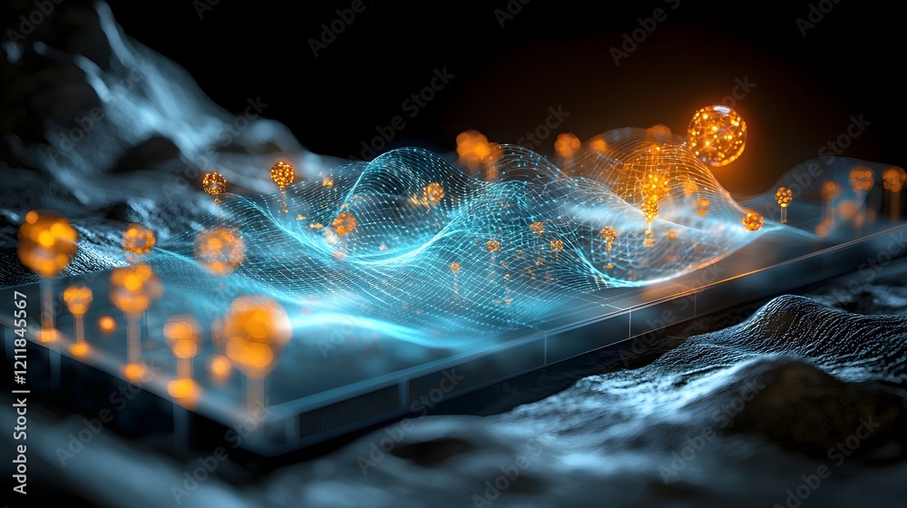 Poster Stunning digital showcasing the intricate quantum representation of electromagnetic wave particle interactions within a dynamic quantum field leaving ample copy space on the left side of the image