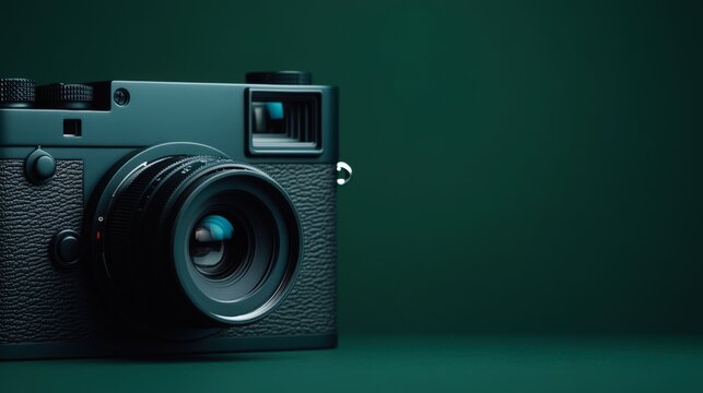 A close-up of a stylish camera on a dark green background, showcasing intricate details and modern design, ideal for photography enthusiasts, tech reviews, or marketing for camera brands, - Powered by Adobe