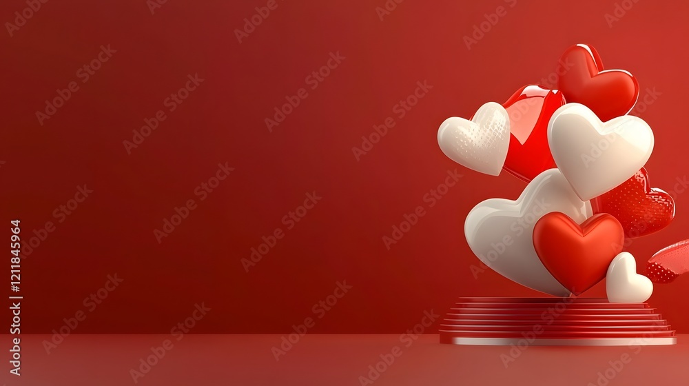 Poster romantic floating 3d hearts in red and white on soft pink gradient background perfect decorative des